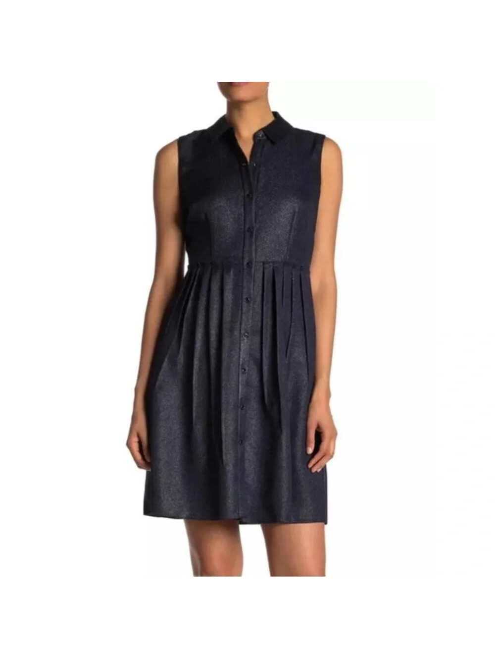 Elie Tahari Samiyah Shimmer Button Front Dress Size 4 Navy Lurex Pleated